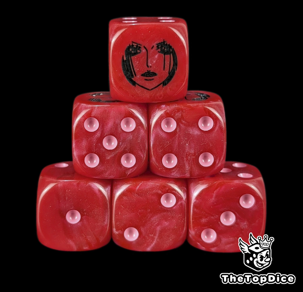 Red 16mm D6 counter dice with a black empress emblem and pink pips for anime pirate TCG
