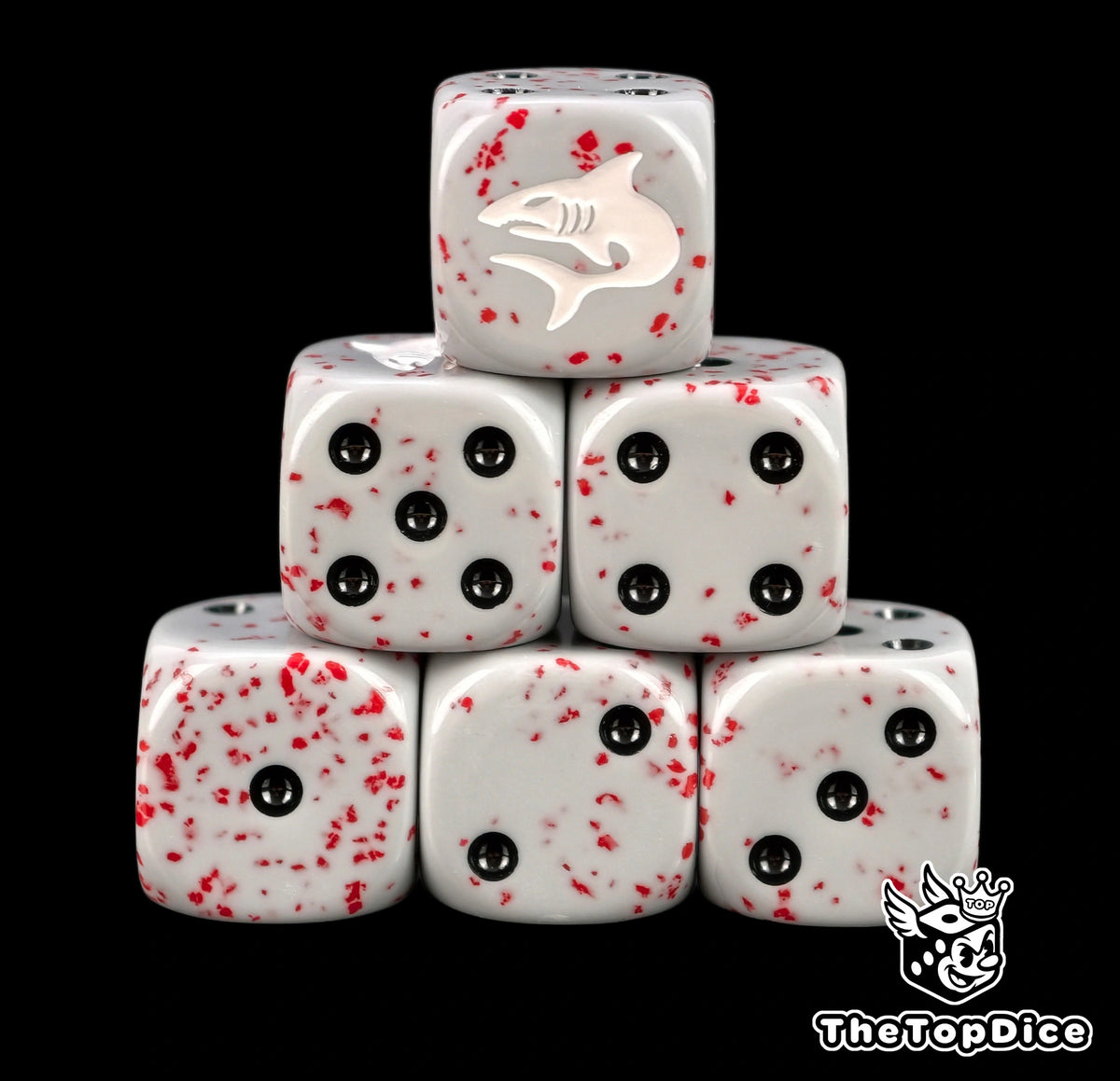 Six blood flecked grey Carcharodons D6 stacked with a white shark