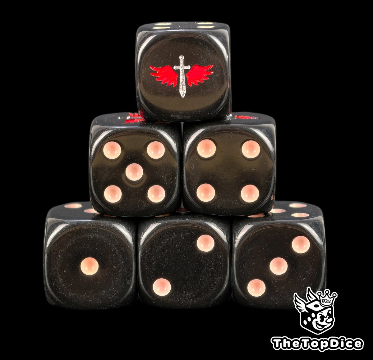 Six black Ravenwing dice stacked, silver winged sword with red wings above bone pips