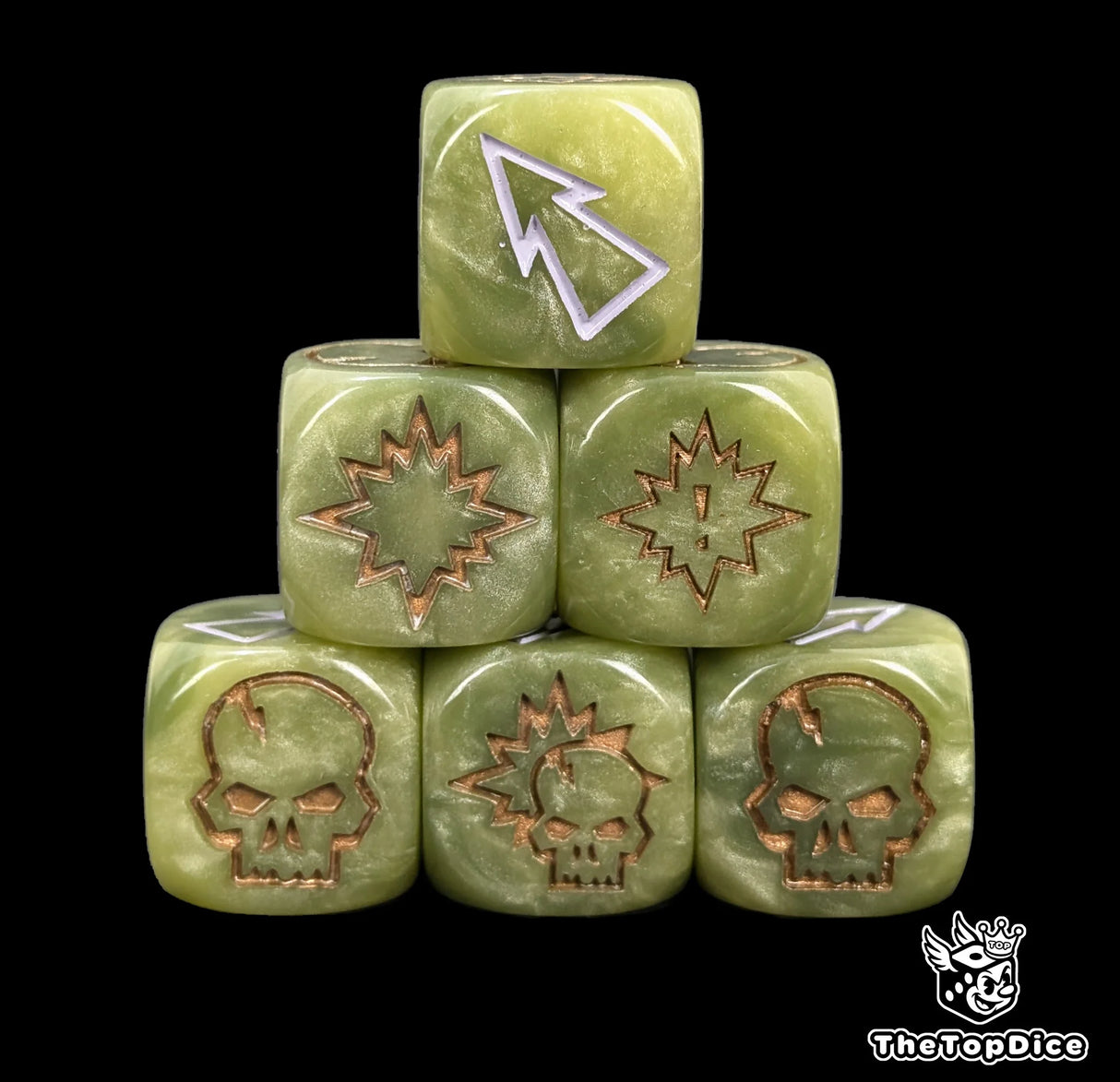Close up of three green 16mm block dice with white pips for resolving blocks