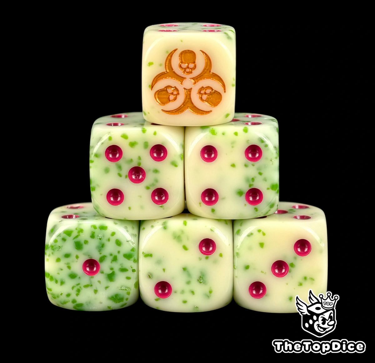 Six rotten beige Nurgle D6 stacked, purple pips and a gold hazard
