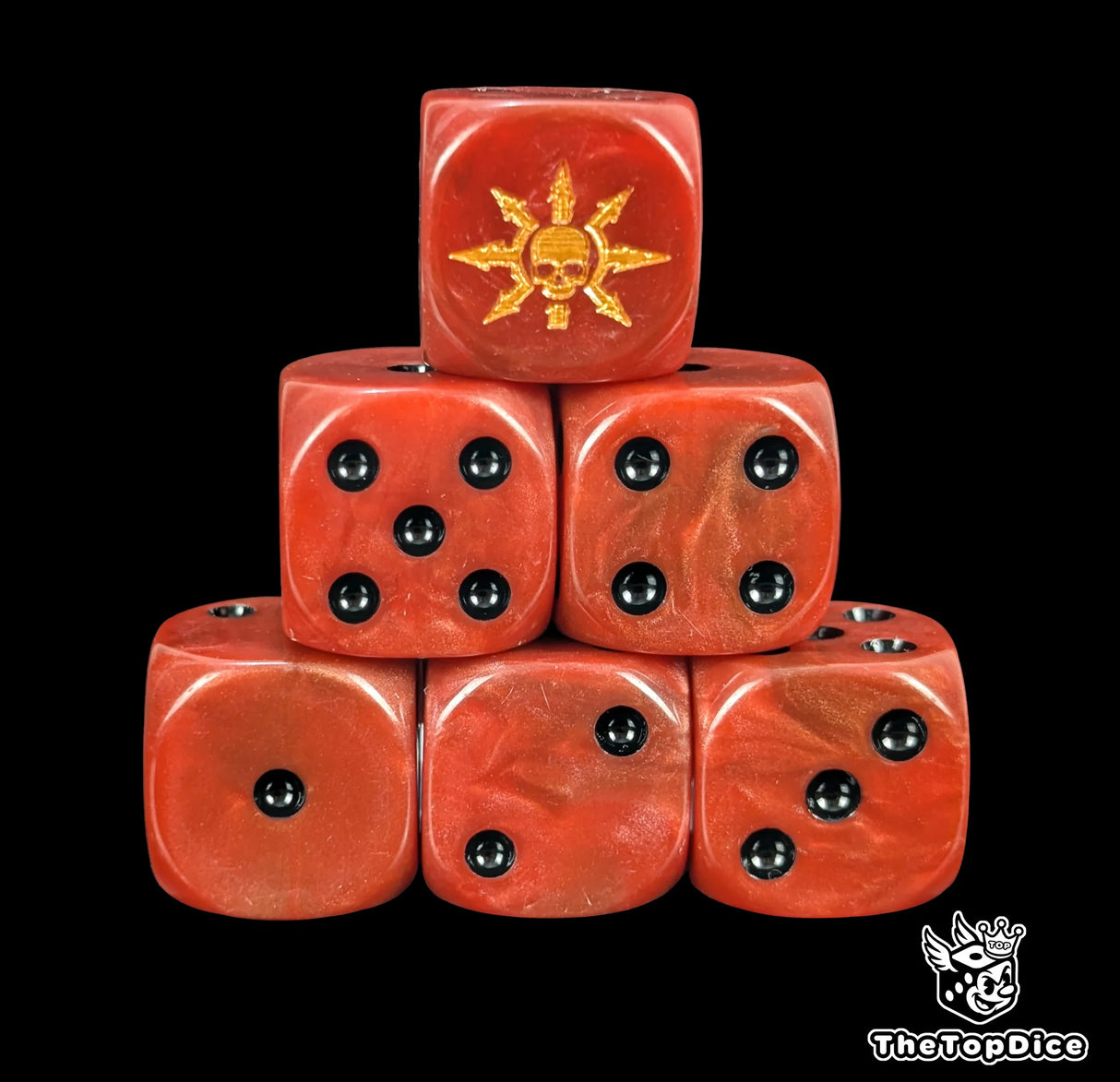 Red 16mm D6 dice with a gold chaos star and skull emblem and black pips for fantasy wargaming