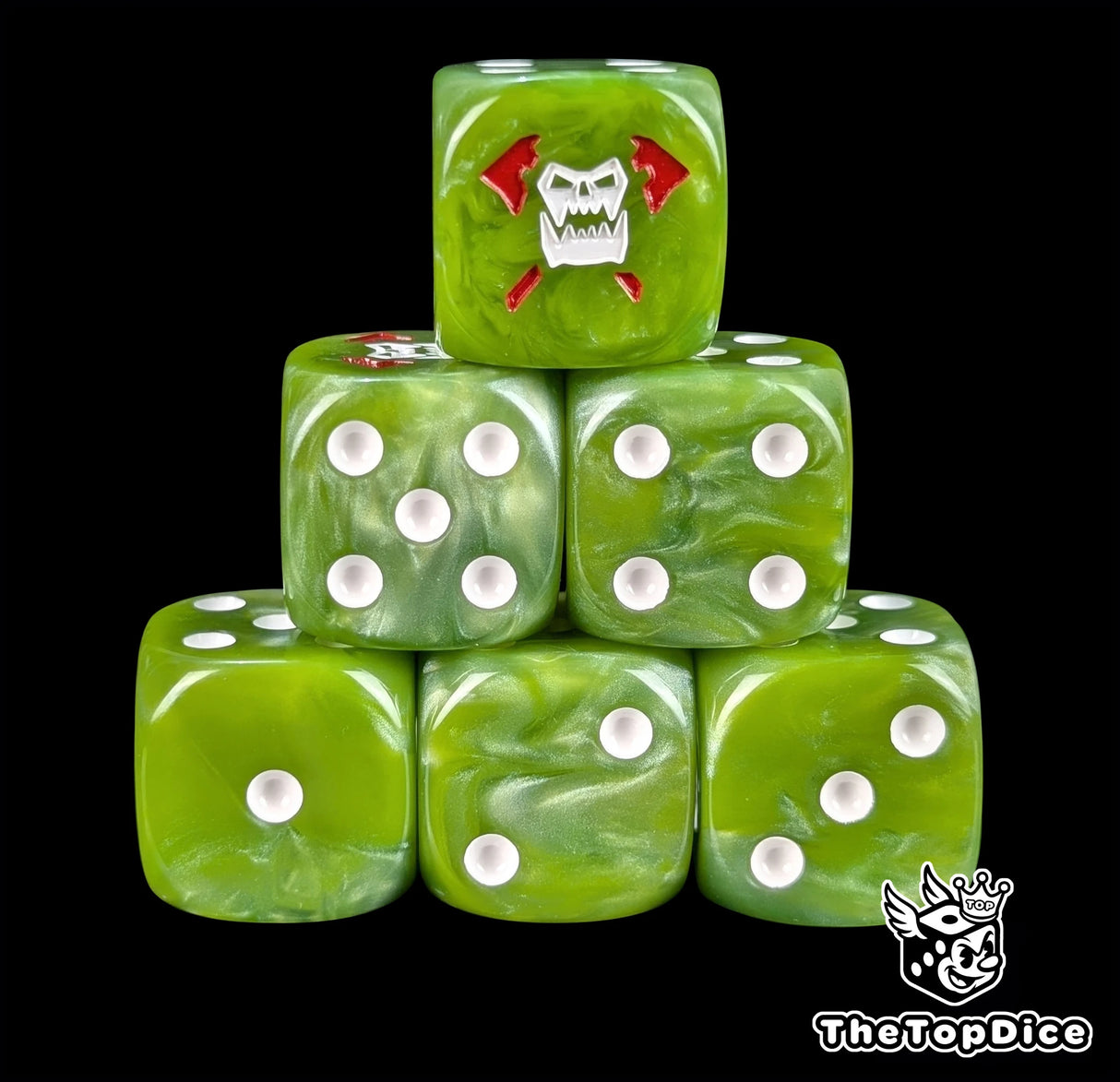 Green resin D6 dice with a white orc skull and crossed axes emblem and white pips