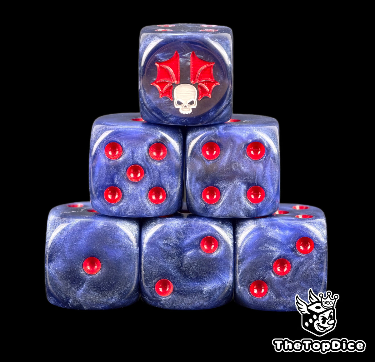 Six slate blue Night Lords D6 stacked, red pips and ragged red wings