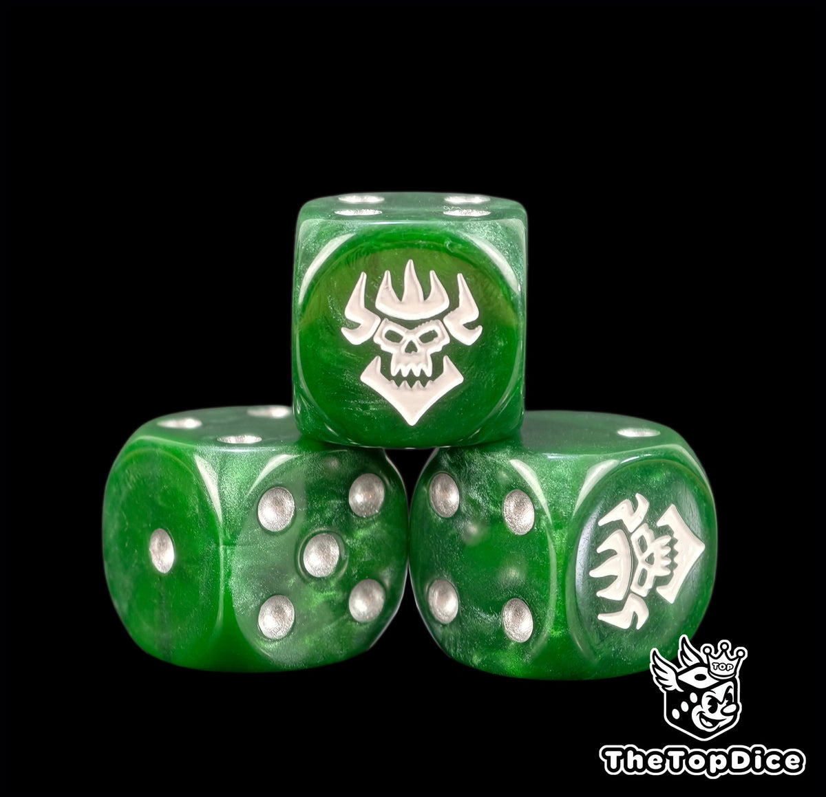 Three swamp green Orruk Warclans dice with a white horned orc skull