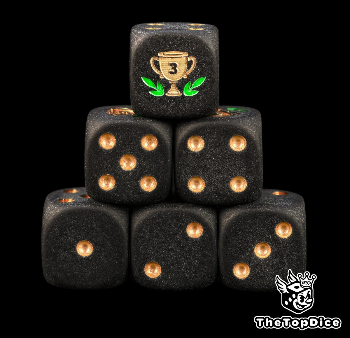 Third place trophy dice, matte black 16mm D6 with bronze pips and a bronze podium cup in a green laurel, a tournament prize for board games and game nights