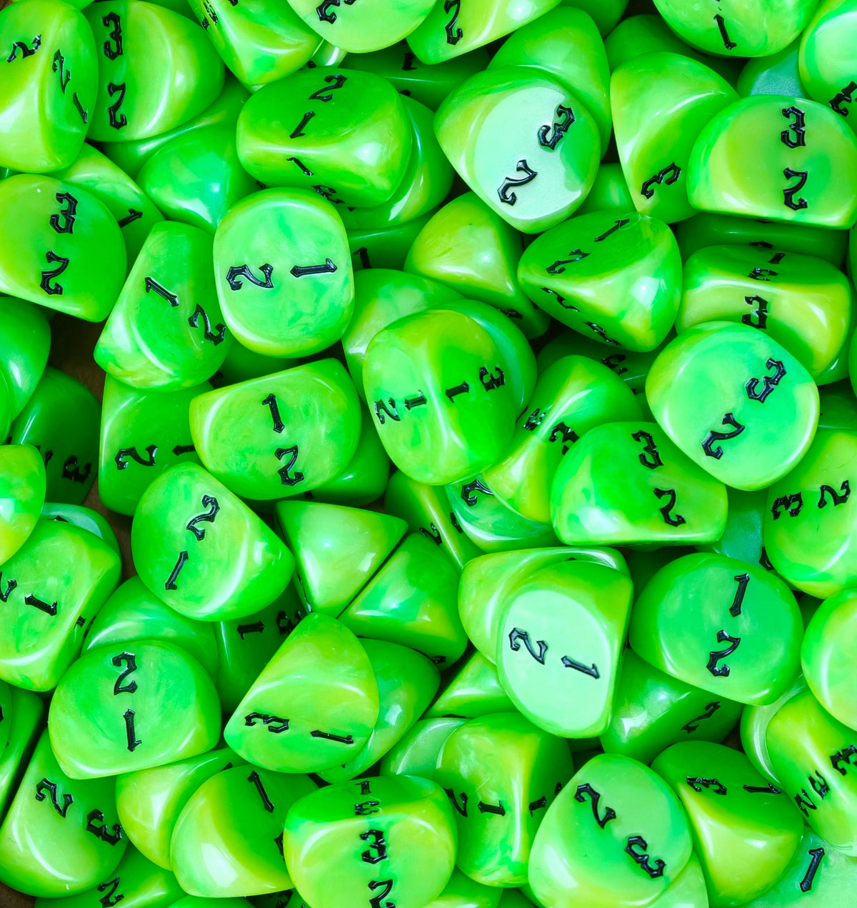 Toxic green D3 dice filling a tray for underhive skirmish games