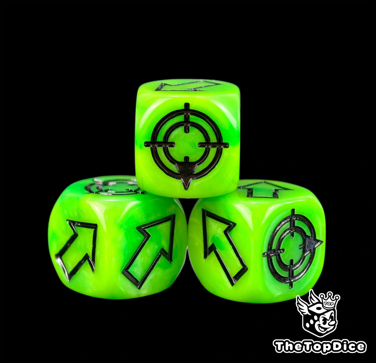 Black ink sunk deep into three engraved toxic green 16mm dice, arrows and target face