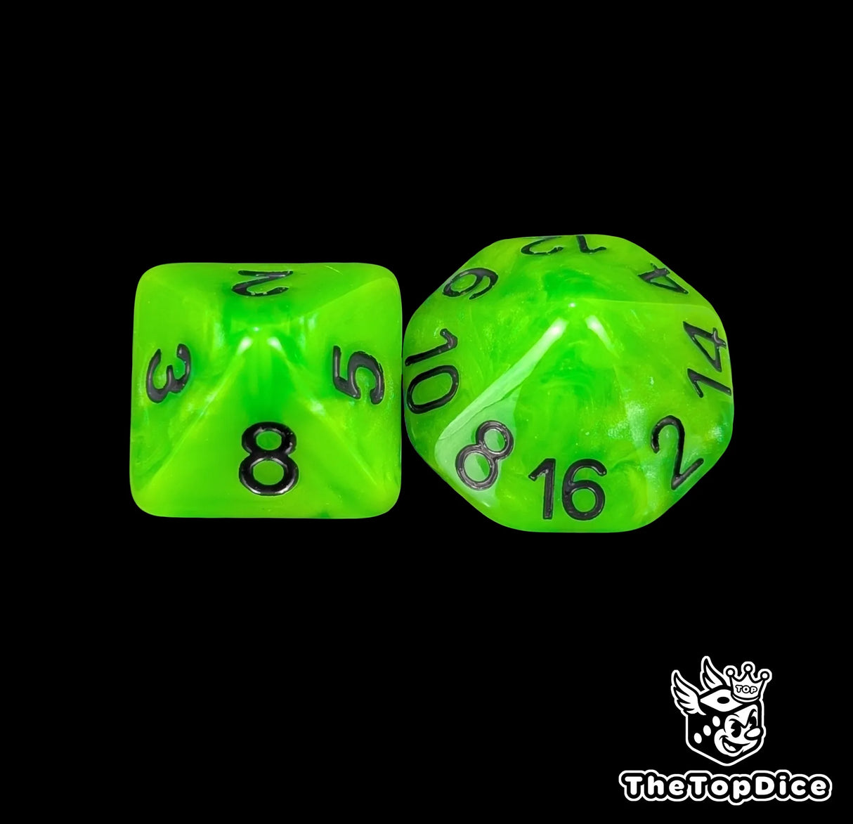 Close up of a toxic green D8 and D16 with black numbers for scatter and long range fantasy football rolls
