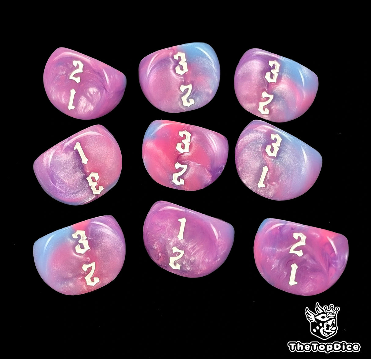 Blue lilac and pink 16mm D3 dice numbered 1 to 3 for tabletop and wargames