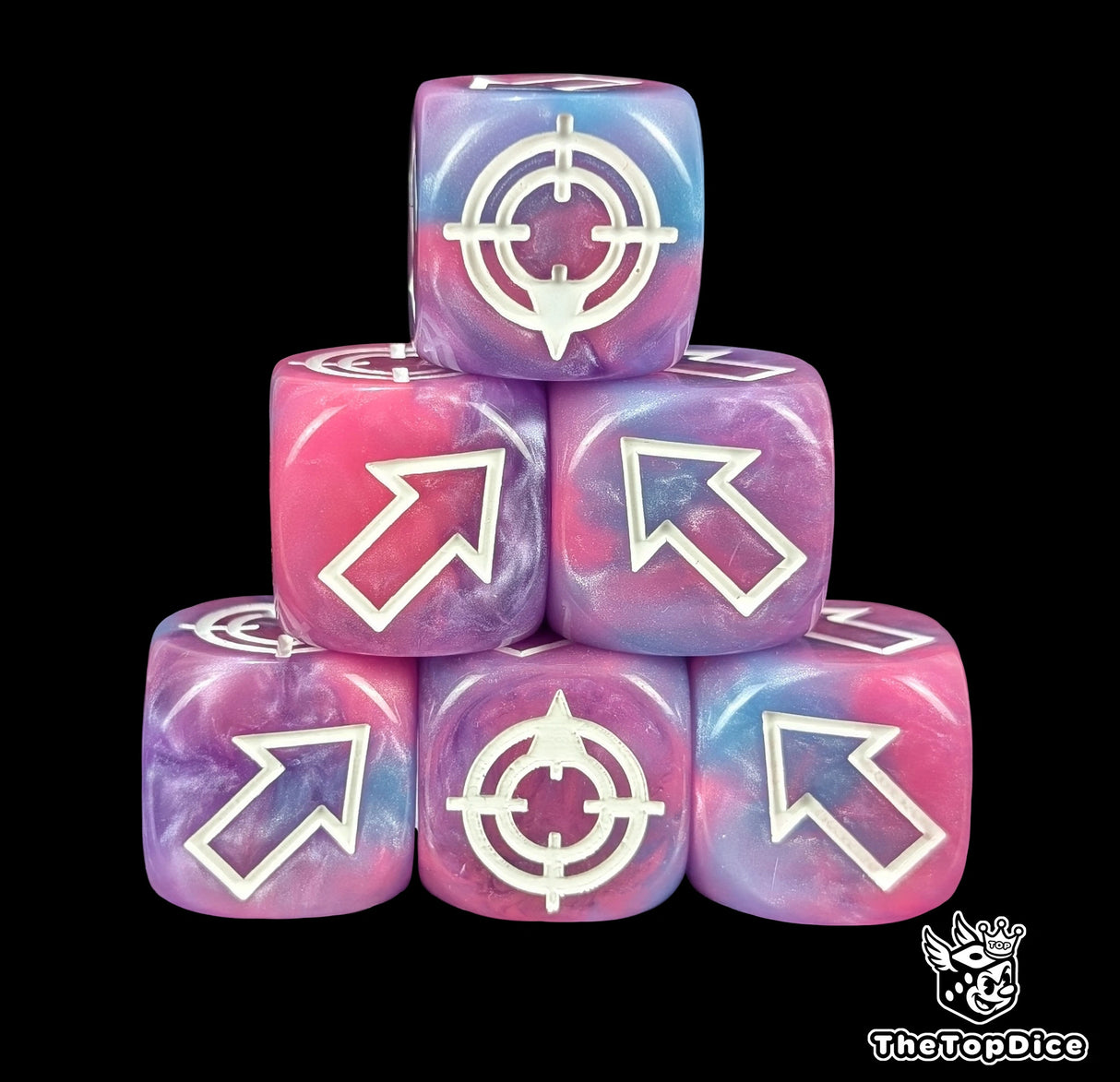 Blue lilac and pink 16mm scatter dice with arrows and hit faces for wargames