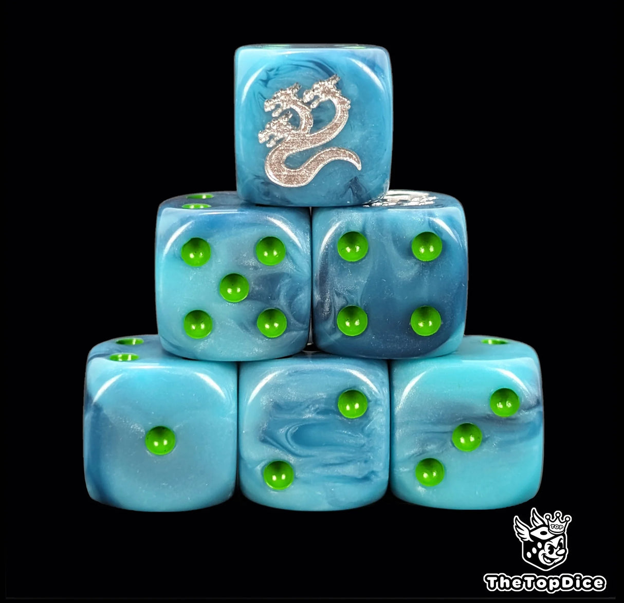 Turquoise 16mm D6 dice with a silver hydra emblem and green pips for sci-fi wargaming