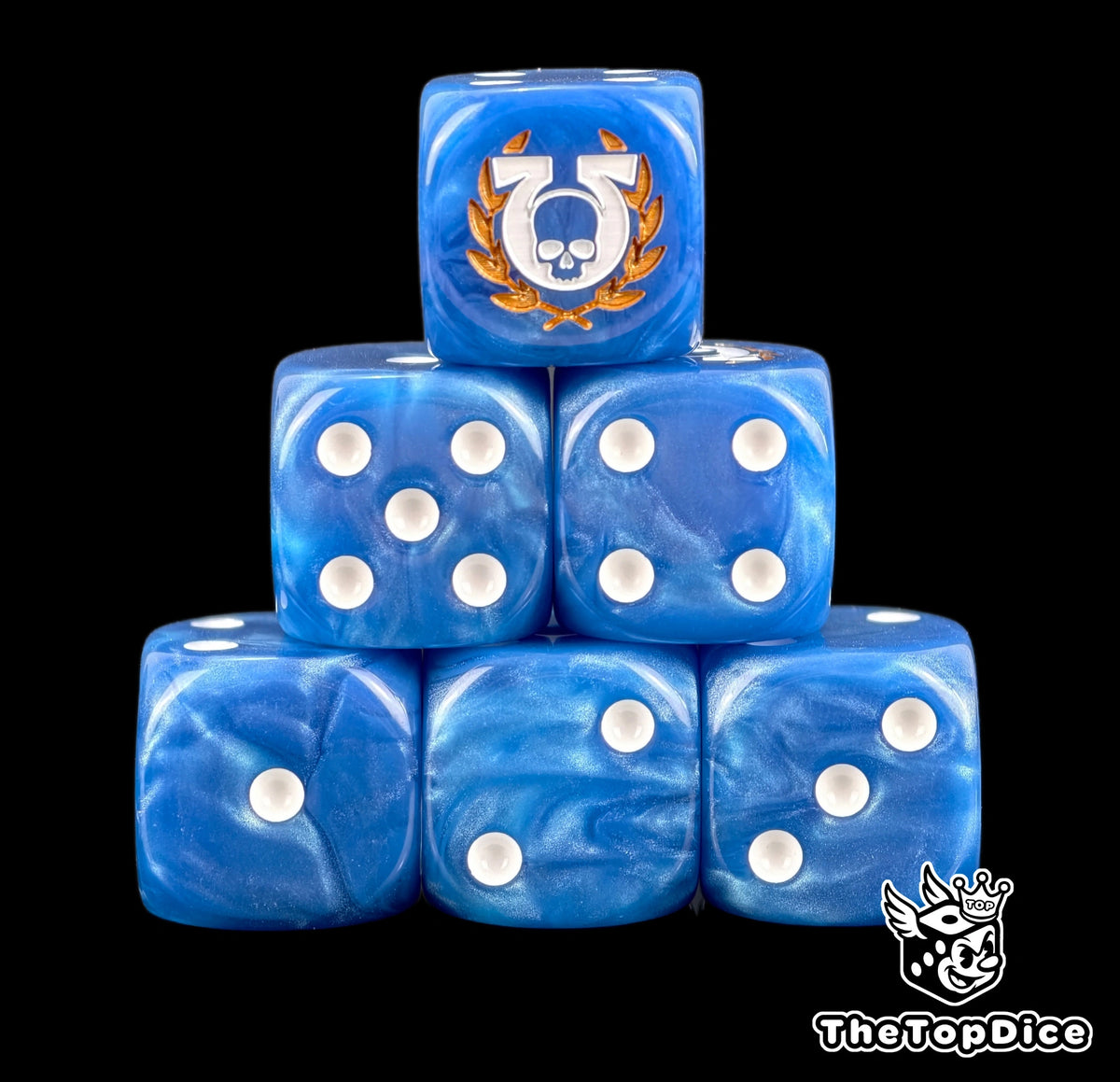 Six blue Ultramarines D6 stacked, white pips and a gold laurel omega