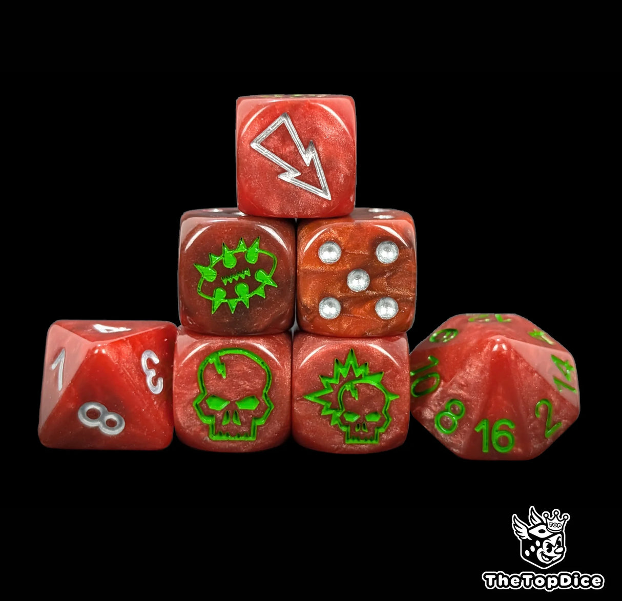 Red underworld fantasy football dice set of seven 16mm resin dice compatible with Blood Bowl
