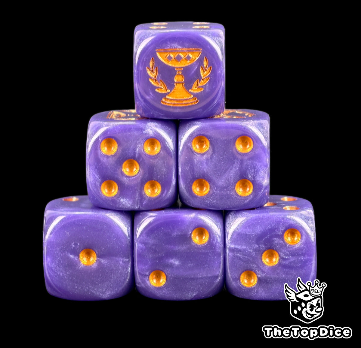 Six purple Soul Drinkers D6 stacked, amber pips and a gold chalice