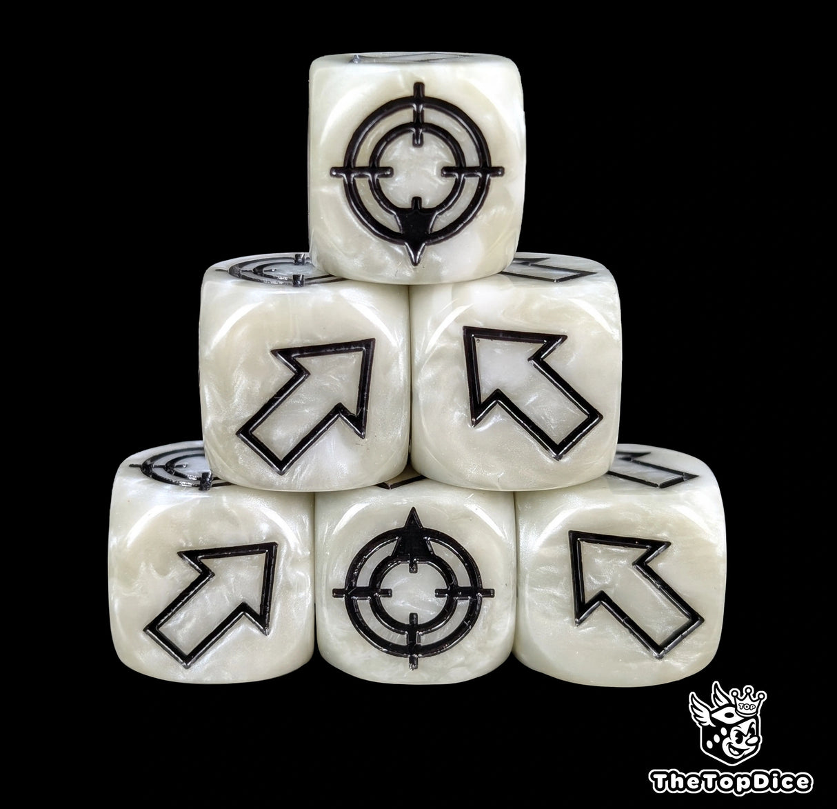 White 16mm scatter dice with black arrows and hit faces for wargames