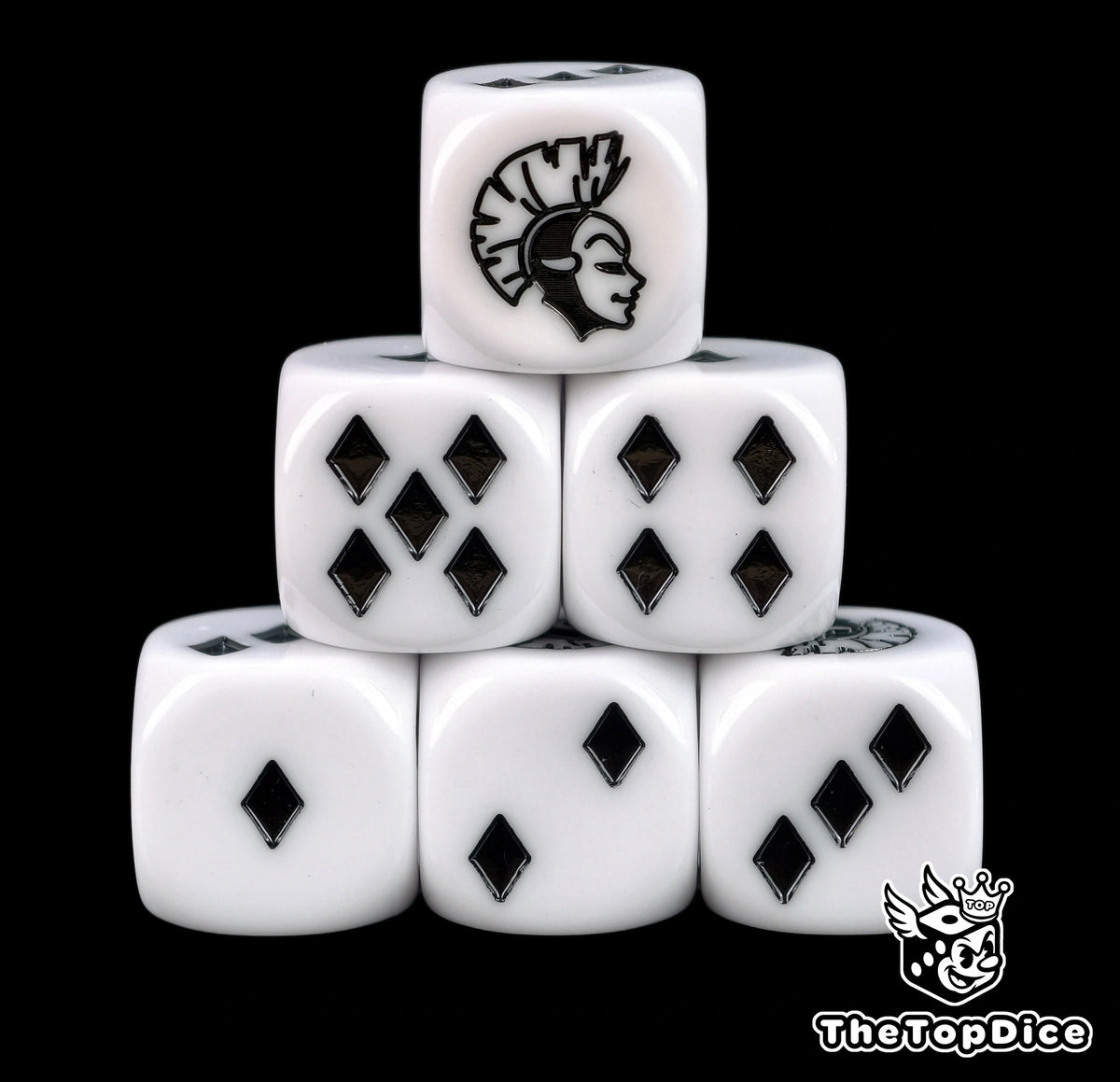 Six white Harlequin D6 stacked, black diamond pips and a masked face