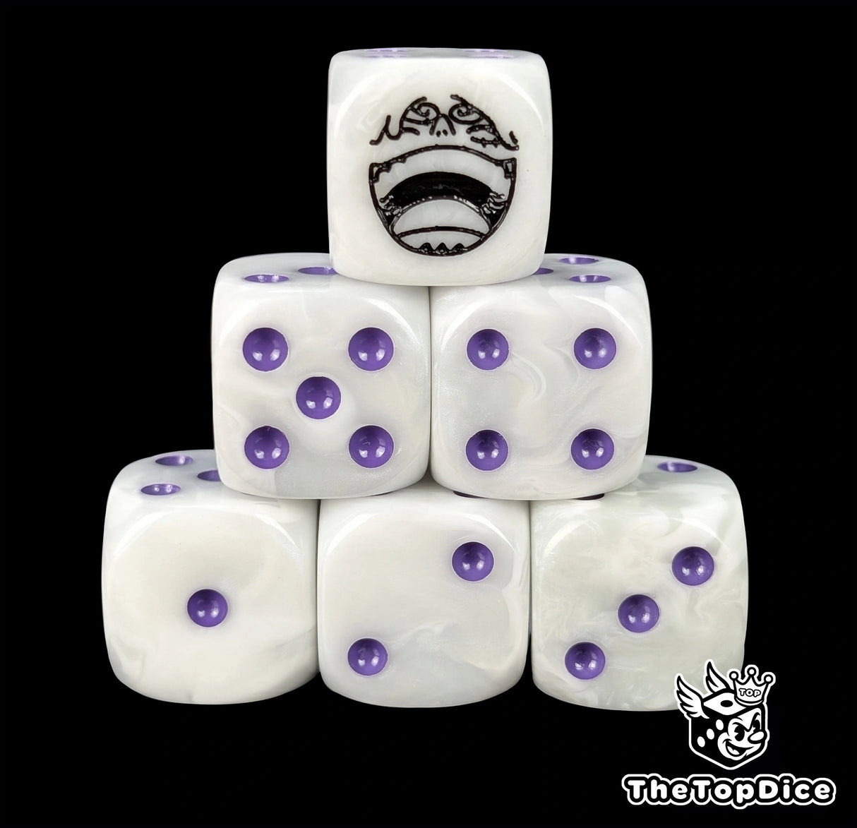 White 16mm D6 counter dice with a black grinning fighter emblem and purple pips for anime pirate TCG