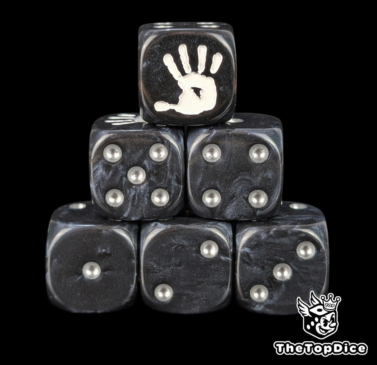 Black 16mm D6 dice with a white hand emblem and silver pips for epic fantasy wargames
