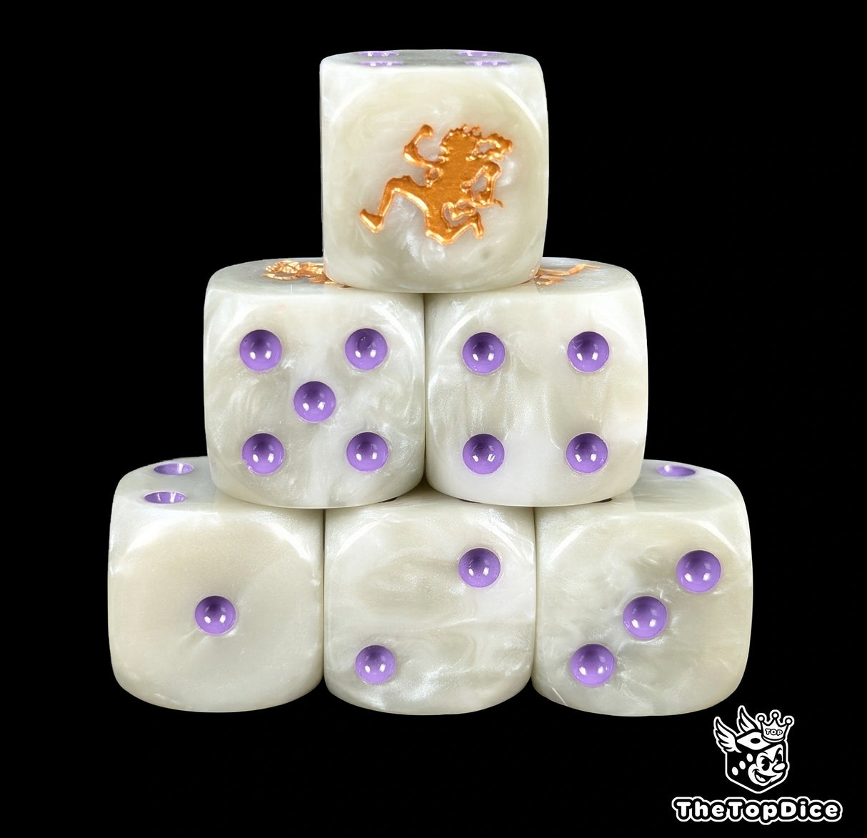 Greyish white 16mm D6 counter dice with a gold fighter emblem for anime pirate TCG