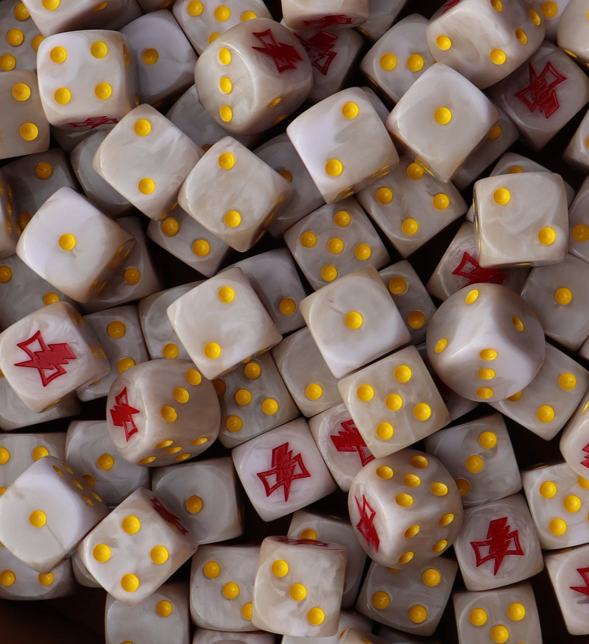 Pile of white 16mm D6 dice with red lightning for a sci-fi fast army