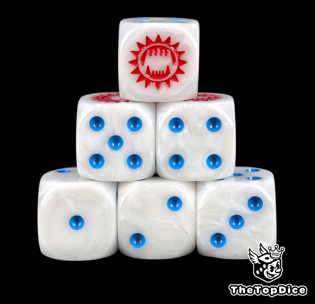 White and grey dice, six in a pyramid, red toothed maw crest and blue pips