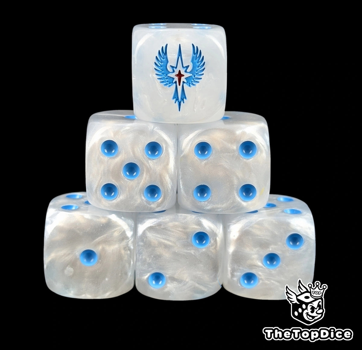High Elf Realms D6, white resin under a blue winged star