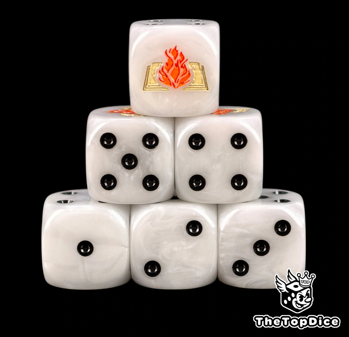 Six white Word Bearers D6 stacked, black pips and a burning book