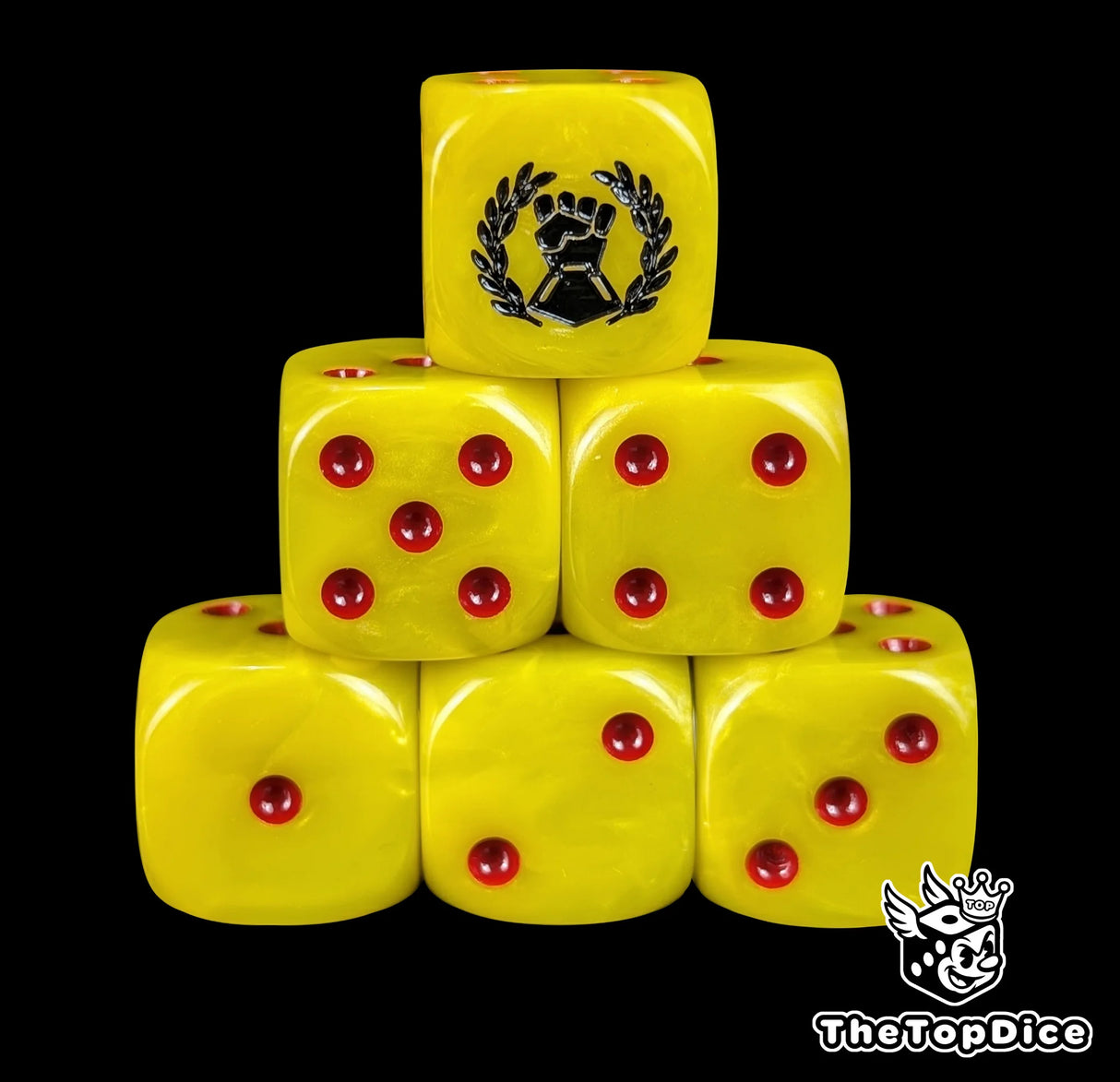Yellow 16mm D6 dice with a black fist and laurel emblem and red pips for sci-fi wargaming