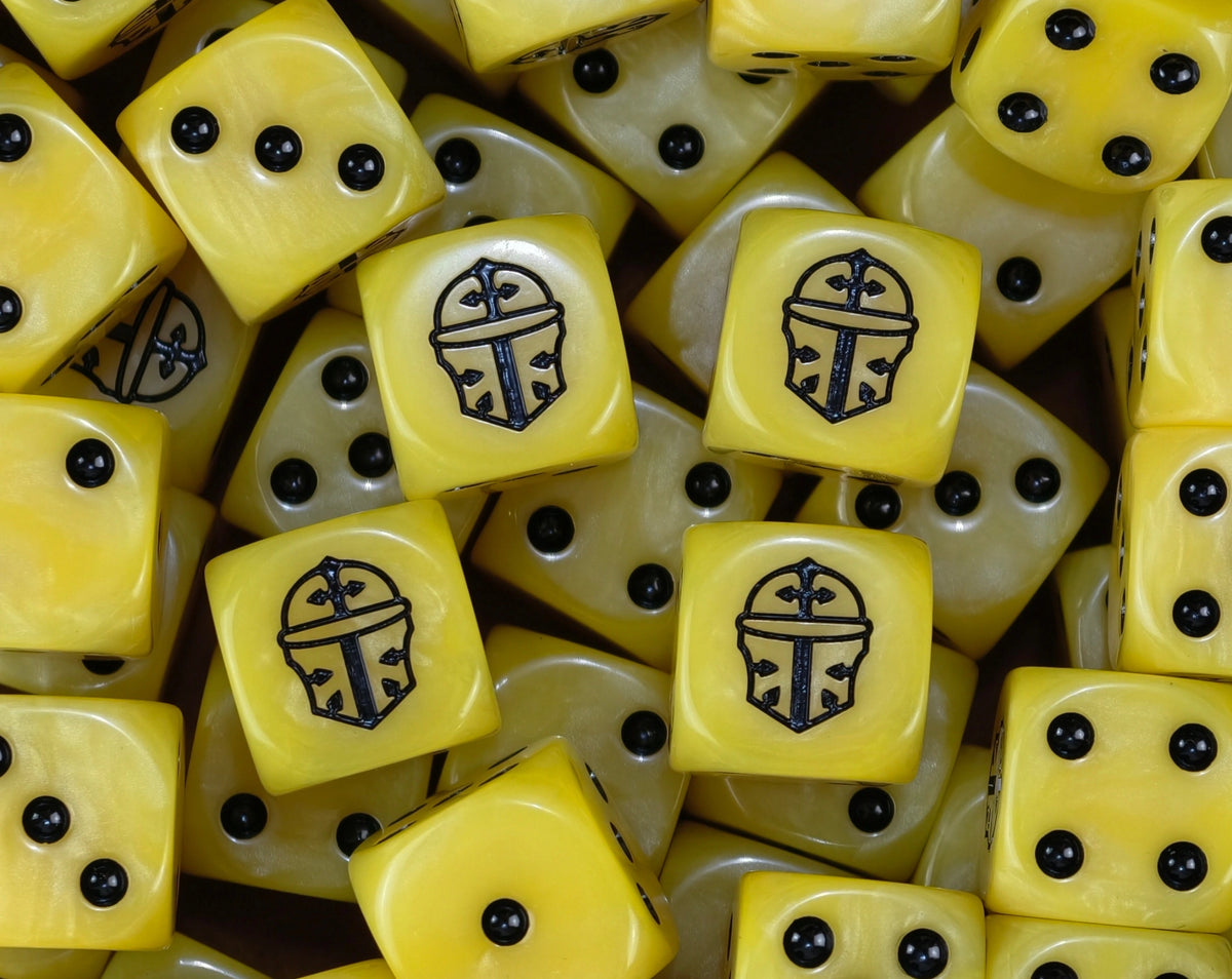 A pile of yellow knight D6 with black pips and black knight helms