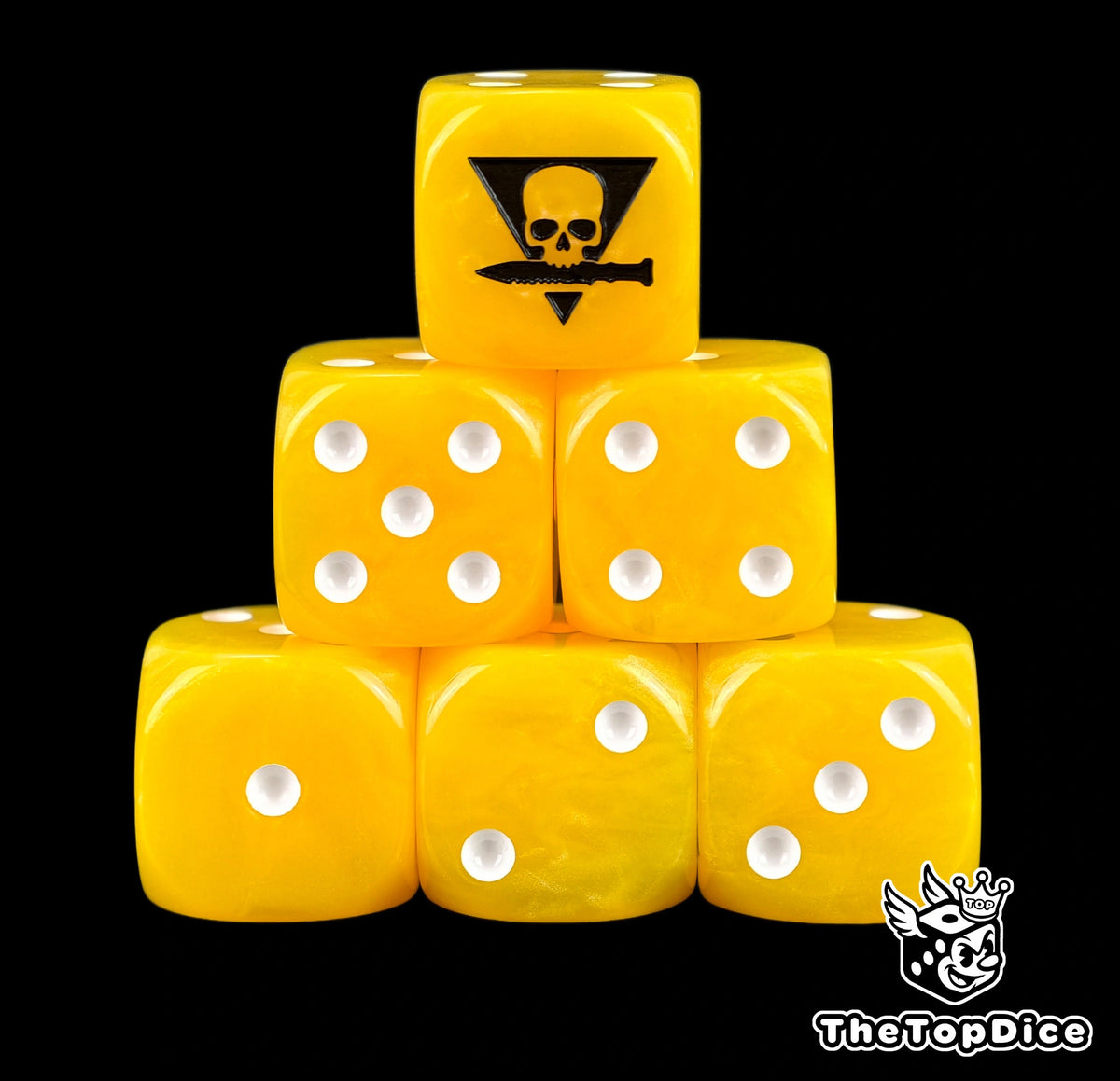 Six bright yellow Kill Team D6 stacked, white pips, skull and knife
