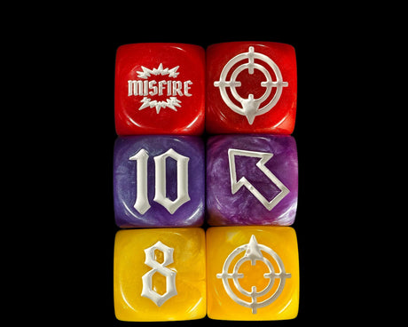 Three pairs of 16mm resin artillery and scatter dice in red, purple and yellow