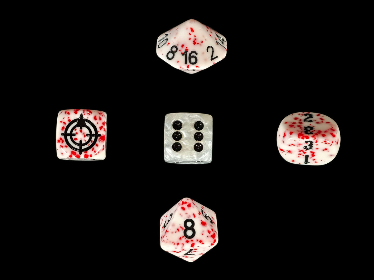 A 16mm resin D6 in the middle surrounded by a D3, a scatter die, a D8 and a D16