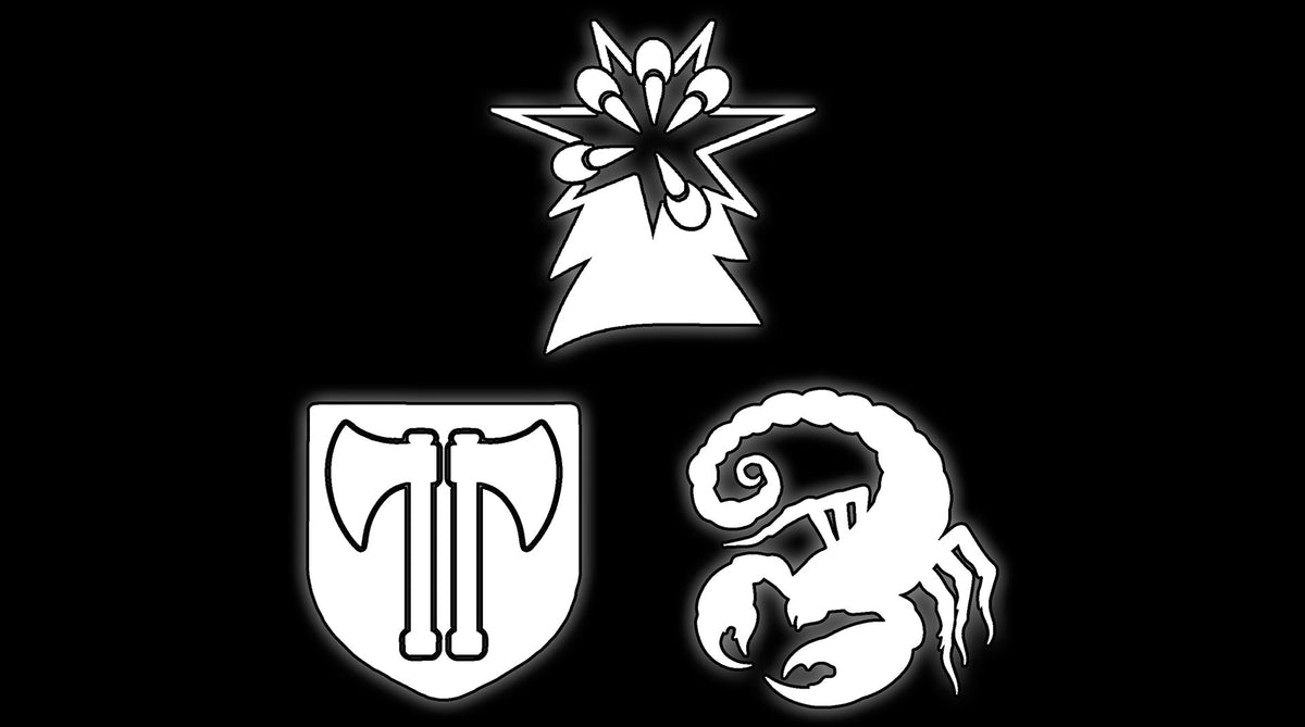 Three chapter badges, a starburst, a shield and a scorpion, white on black, tile for Badab War 16mm D6 dice