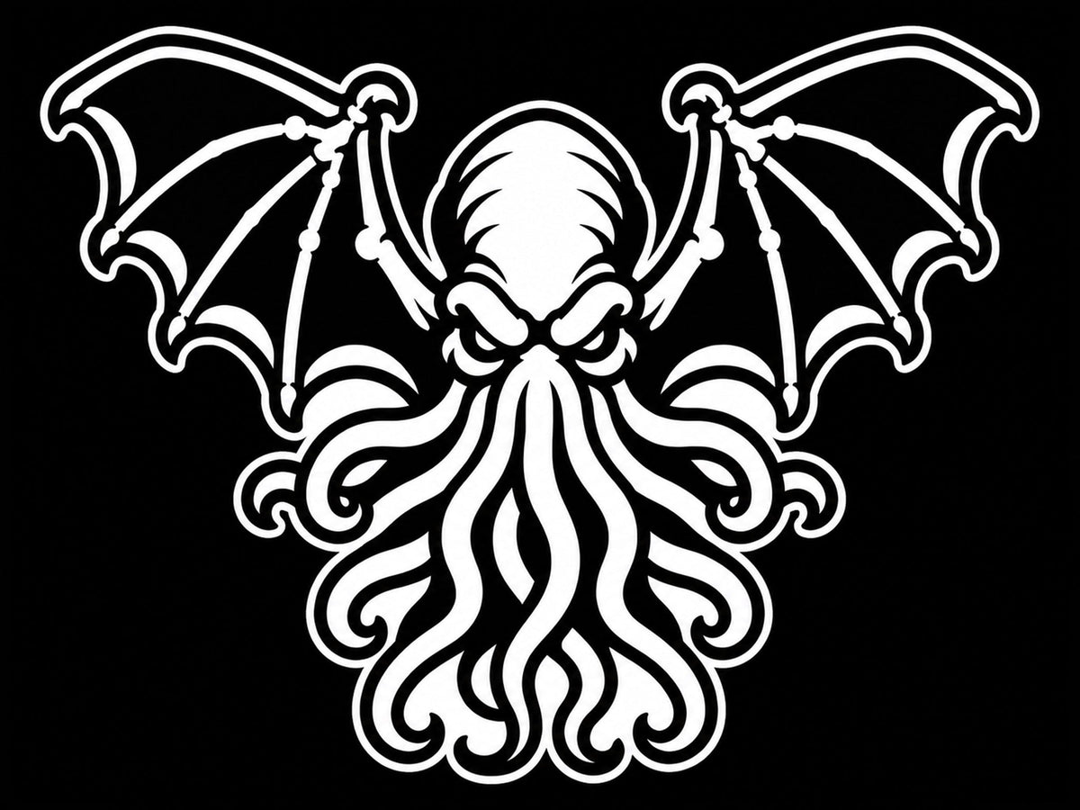 Winged Cthulhu with a tentacled face in white on black, tile for Call of Cthulhu 16mm D6 dice