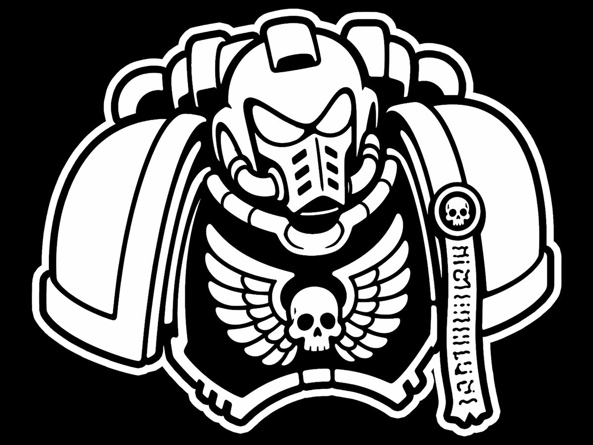 Armoured marine torso with a winged skull plate, white on black, tile for Space Marine 16mm D6 dice