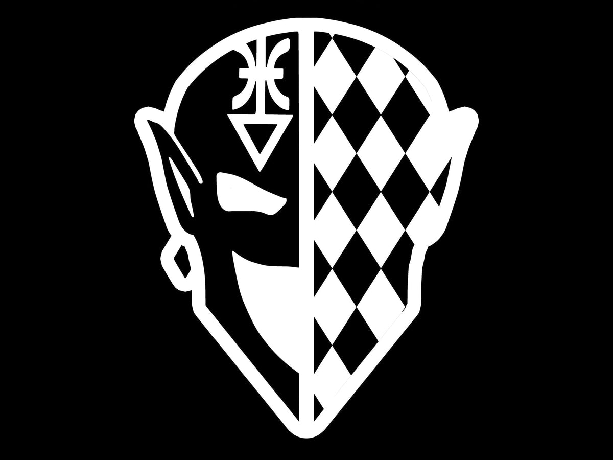 Harlequin mask, half white and half diamond chequered, white on black, tile for Harlequins 16mm D6 dice in Warhammer 40,000