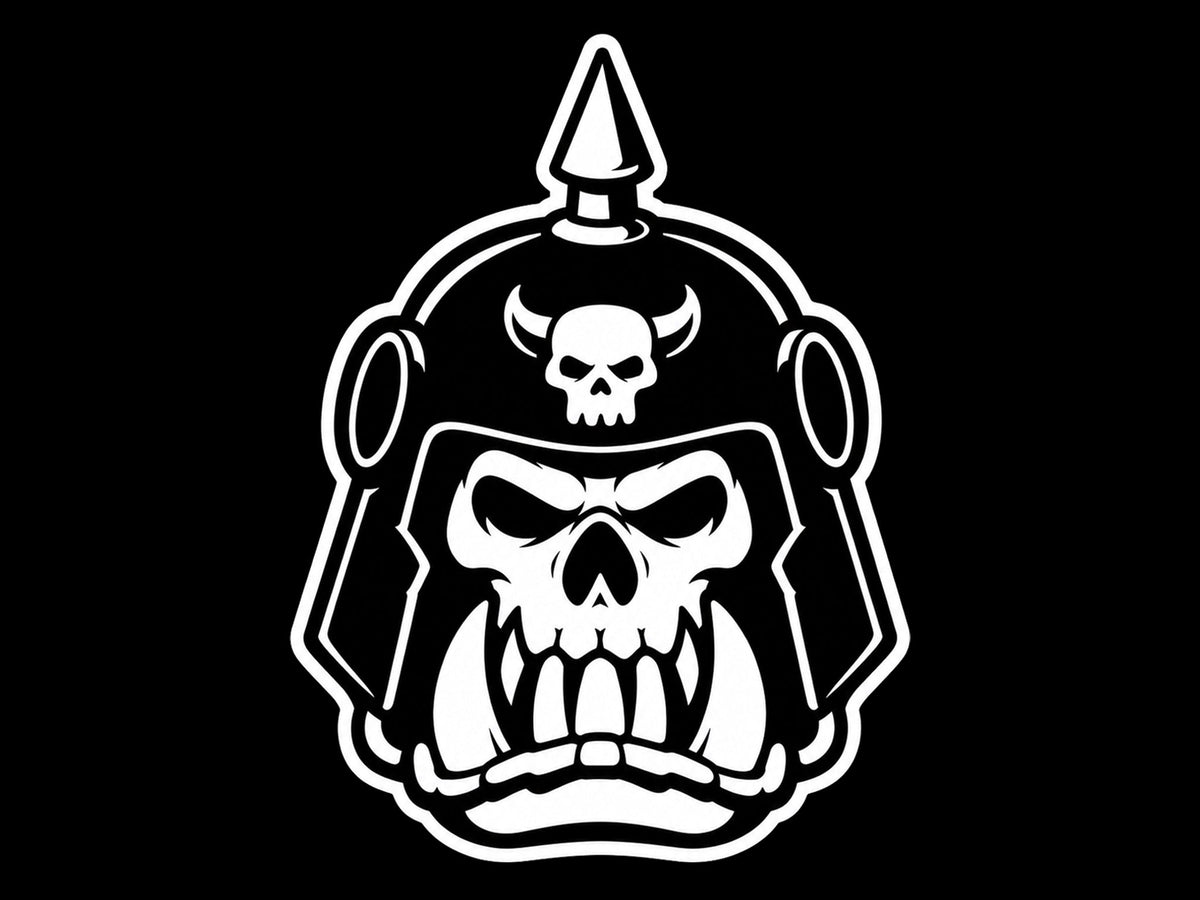 Ork skull in a spiked helmet, white on black, tile for Modulorka 16mm skirmish dice