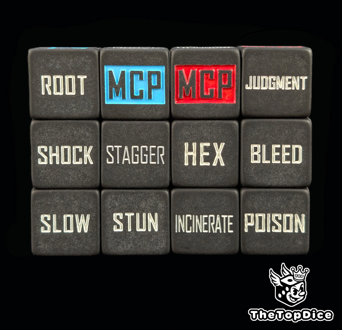 dados inspirados en los tokens de marvel crisis protocol en los 10 efectos de que tienen de base de color negro matte ahi 2 tipos 5 efectos y el logo es MCP azul y otro es 5 efectos y el logo es mcp rojo