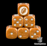 Close up of two brown D6 with silver pips and a white ball crest on the six face for fantasy football