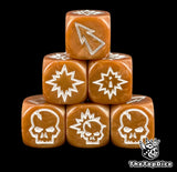 Close up of three brown 16mm block dice with white symbols for resolving blocks in fantasy football