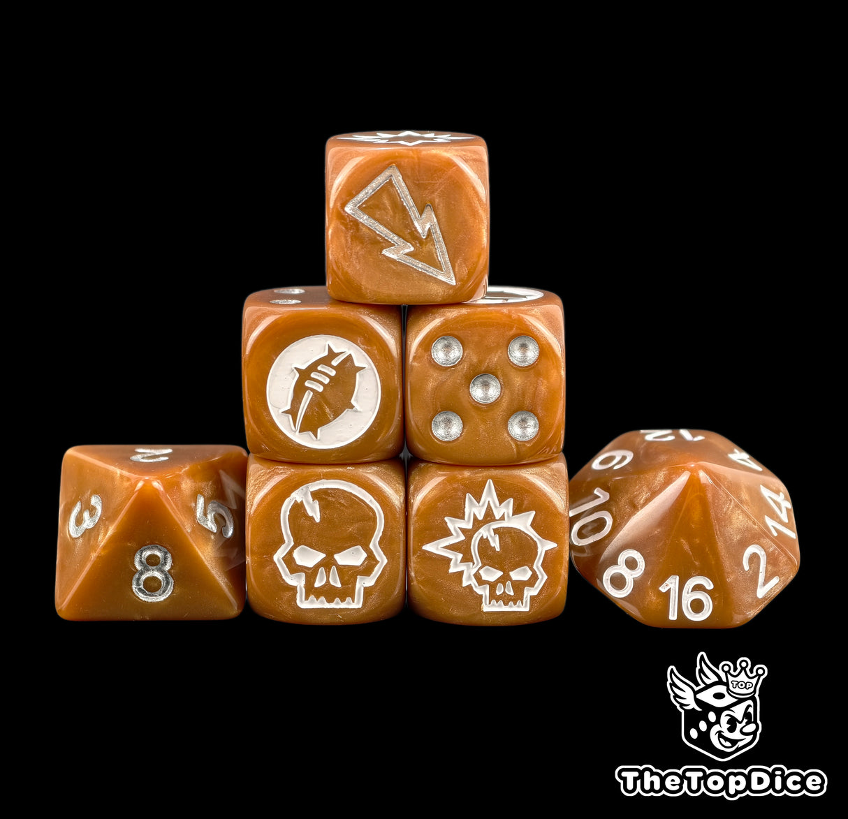 Brown leather ball fantasy football dice set of seven 16mm resin dice with white logos and silver pips