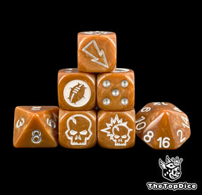 Brown leather ball fantasy football dice set of seven 16mm resin dice with white logos and silver pips