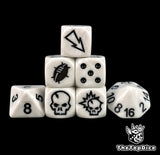White fantasy football dice set of seven 16mm resin dice with black logos and black pips