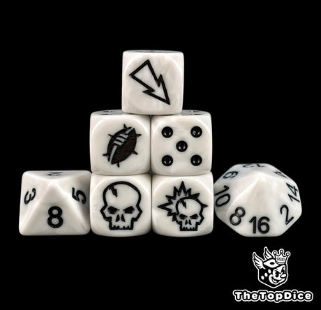 White fantasy football dice set of seven 16mm resin dice with black logos and black pips