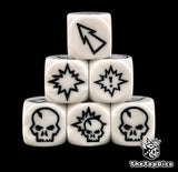 Close up of three white 16mm block dice with black symbols for resolving blocks