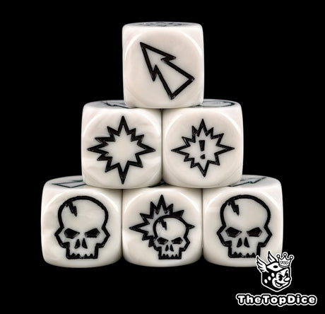 Close up of three white 16mm block dice with black symbols for resolving blocks