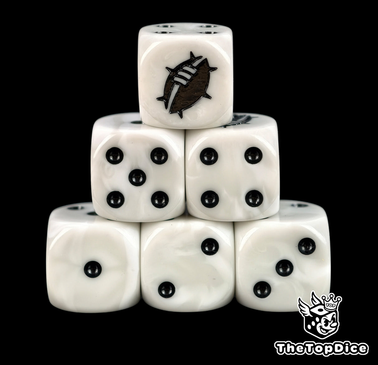 Close up of two white D6 with a black spiked ball crest on the six face for fantasy football