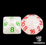 Close up of a ghost white D8 in green and a D16 in red for scatter and long range rolls