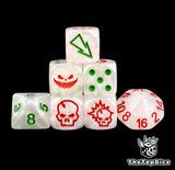 Ghost pumpkin fantasy football dice set of seven 16mm resin dice with red logos and green pips